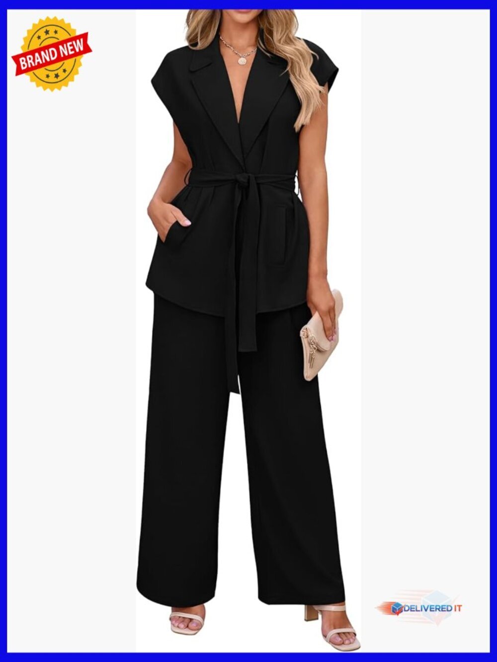 2 Piece Blazer Vest Wide Leg Pant Set Office Work Outfits